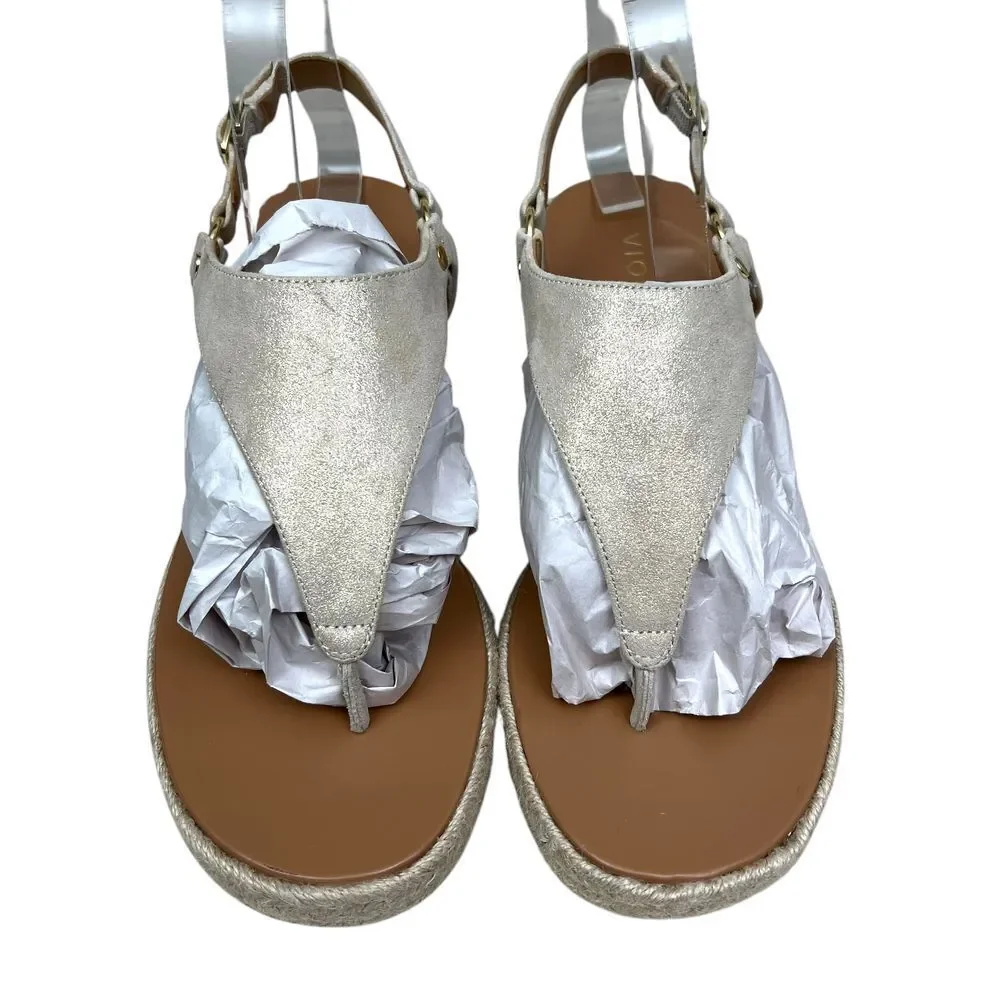Vionic Women Kirra Espadrille Wedge Sandals‎ Thong Strap Cream Metallic Gold 9.5